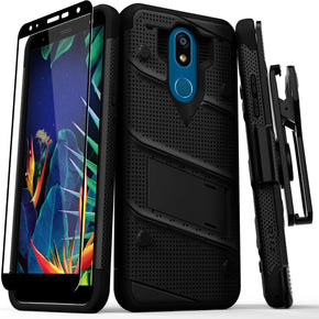 LG K40 / Harmony 3 BOLT Series Combo Case [with Built-in Kickstand, Holster and Tempered Glass] - Black / Black