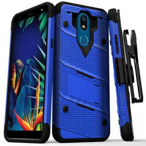 LG K40 / Harmony 3 BOLT Series Combo Case [with Built-in Kickstand, Holster and Tempered Glass] - Blue / Black