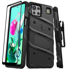 LG K92 5G / Cricket Grand BOLT Series Combo Case [with Built-in Kickstand, Holster and Tempered Glass]