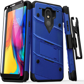 LG Stylo 5 BOLT Series Combo Case [with Built-in Kickstand, Holster, and Tempered Glass] - Blue / Black