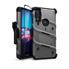 Motorola Moto E (2020) / Moto E7 (2020) Bolt Series Combo Case (with Kickstand, Holster, and Tempered Glass) - Grey / Black