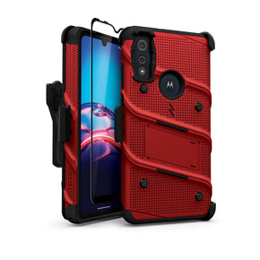 Motorola Moto E (2020) / Moto E7 (2020) Bolt Series Combo Case (with Kickstand, Holster, and Tempered Glass) - Red / Black