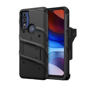 Motorola Moto G Pure Bolt Series Combo Case (with Kickstand, Holster, and Tempered Glass) - Black / Black