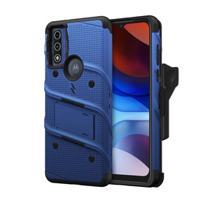 Motorola Moto G Pure Bolt Series Combo Case (with Kickstand, Holster, and Tempered Glass) - Blue / Black