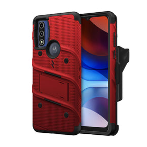 Motorola Moto G Pure Bolt Series Combo Case (with Kickstand, Holster, and Tempered Glass) - Red / Black