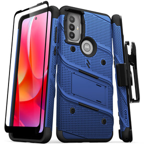 Motorola Moto G Power (2022) Bolt Series Combo Case (with Kickstand, Holster, and Tempered Glass) - Blue / Black