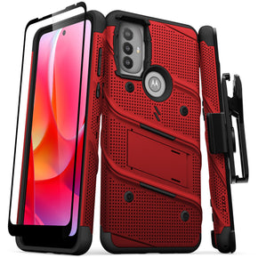 Motorola Moto G Power (2022) Bolt Series Combo Case (with Kickstand, Holster, and Tempered Glass) - Red / Black