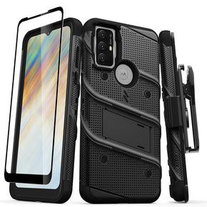 Motorola Moto G Play (2023) Bolt Series Combo Case (with Kickstand, Holster, and Tempered Glass) - Black / Black