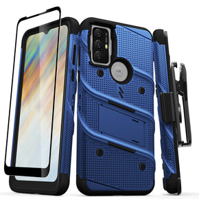 Motorola Moto G Play (2023) Bolt Series Combo Case (with Kickstand, Holster, and Tempered Glass) - Blue / Black