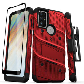 Motorola Moto G Play (2023) Bolt Series Combo Case (with Kickstand, Holster, and Tempered Glass) - Red / Black