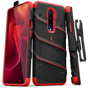 OnePlus 7 Pro BOLT Series Combo Case [with Built-in Kickstand, Holster, and Tempered Glass] - Black / Red