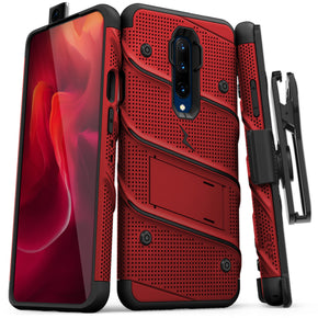 OnePlus 7 Pro BOLT Series Combo Case [with Built-in Kickstand, Holster, and Tempered Glass] - Red / Black