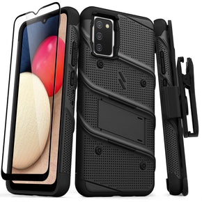 Samsung Galaxy A02s Bolt Series Combo Case (with Kickstand, Holster, and Tempered Glass)
