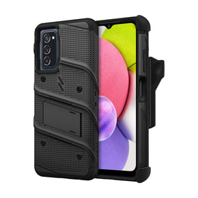 Samsung Galaxy A03s Bolt Series Combo Case (with Kickstand, Holster, and Tempered Glass) - Black / Black