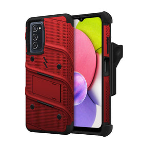 Samsung Galaxy A03s Bolt Series Combo Case (with Kickstand, Holster, and Tempered Glass) - Red / Black