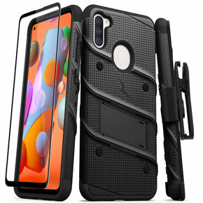 Samsung Galaxy A11 BOLT Series Combo Case [with Kickstand, Holster, and Tempered Glass]