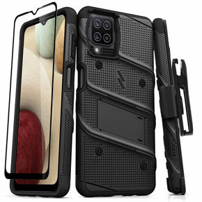 Samsung Galaxy A12 5G Bolt Series Combo Case (with Kickstand, Holster, and Tempered Glass) - Black / Black