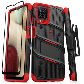 Samsung Galaxy A12 5G Bolt Series Combo Case (with Kickstand, Holster, and Tempered Glass) - Black / Red