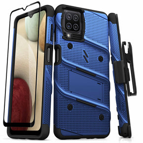 Samsung Galaxy A12 5G Bolt Series Combo Case (with Kickstand, Holster, and Tempered Glass) - Blue / Black