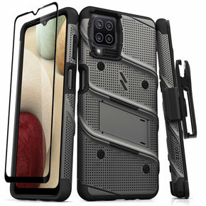 Samsung Galaxy A12 5G Bolt Series Combo Case (with Kickstand, Holster, and Tempered Glass) - Grey / Black
