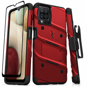 Samsung Galaxy A12 5G Bolt Series Combo Case (with Kickstand, Holster, and Tempered Glass) - Red / Black