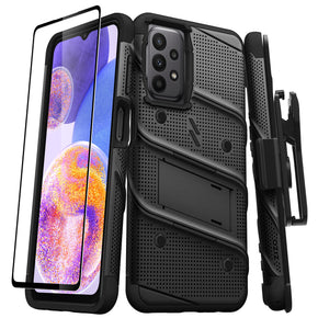 Samsung Galaxy A23 5G Bolt Series Combo Case (with Kickstand, Holster, and Tempered Glass) - Black / Black