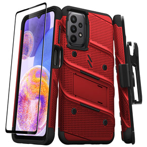 Samsung Galaxy A23 5G Bolt Series Combo Case (with Kickstand, Holster, and Tempered Glass) - Red / Black