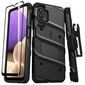 Samsung Galaxy A32 5G Bolt Series Combo Case (with Kickstand, Holster, and Tempered Glass) - Black / Black