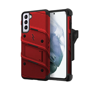 Samsung Galaxy S21 FE Bolt Series Combo Case (with Kickstand, Holster, and Tempered Glass) - Red / Black