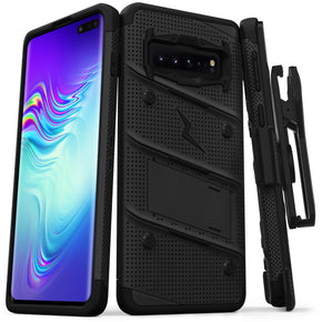 Samsung Galaxy S10 5G BOLT Series Combo Case [with Built-in Kickstand, Holster and Tempered Glass] - Black / Black