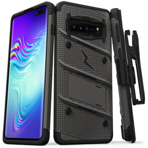 Samsung Galaxy S10 5G BOLT Series Combo Case [with Built-in Kickstand, Holster and Tempered Glass] - Gunmetal Grey / Black