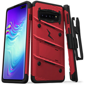 Samsung Galaxy S10 5G BOLT Series Combo Case [with Built-in Kickstand, Holster and Tempered Glass] - Red / Black