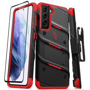 Samsung Galaxy S21 5G Bolt Series Combo Case (with Kickstand, Holster, and Tempered Glass) - Black / Red