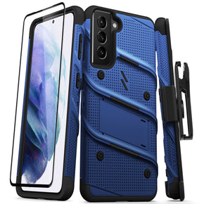 Samsung Galaxy S21 5G Bolt Series Combo Case (with Kickstand, Holster, and Tempered Glass) - Blue / Black