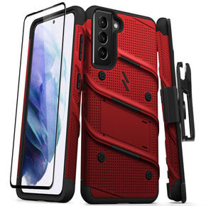 Samsung Galaxy S21 5G Bolt Series Combo Case (with Kickstand, Holster, and Tempered Glass) - Red / Black