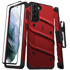 Samsung Galaxy S21 Plus Bolt Series Combo Case (with Kickstand, Holster, and Tempered Glass) - Red / Black