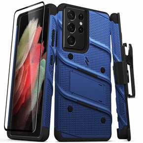 Samsung Galaxy S21 Ultra 5G Bolt Series Combo Case (with Kickstand, Holster, and Tempered Glass) - Blue / Black