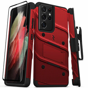 Samsung Galaxy S21 Ultra 5G Bolt Series Combo Case (with Kickstand, Holster, and Tempered Glass) - Red / Black