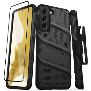 Samsung Galaxy S22 Plus Bolt Series Combo Case (with Kickstand, Holster, and Tempered Glass) - Black / Black
