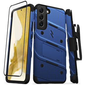Samsung Galaxy S22 Plus Bolt Series Combo Case (with Kickstand, Holster, and Tempered Glass) - Blue / Black