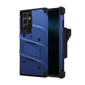 Samsung Galaxy S22 Ultra Bolt Series Combo Case (with Kickstand, Holster, and Tempered Glass) - Blue / Black