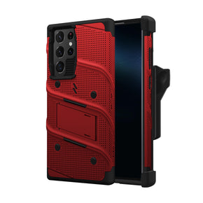 Samsung Galaxy S22 Ultra Bolt Series Combo Case (with Kickstand, Holster, and Tempered Glass) - Red / Black