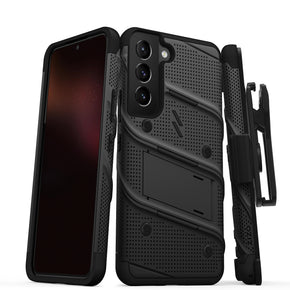 Samsung Galaxy S22 Bolt Series Combo Case (with Kickstand, Holster, and Tempered Glass) - Black / Black
