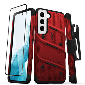 Samsung Galaxy S22 Bolt Series Combo Case (with Kickstand, Holster, and Tempered Glass) - Red / Black