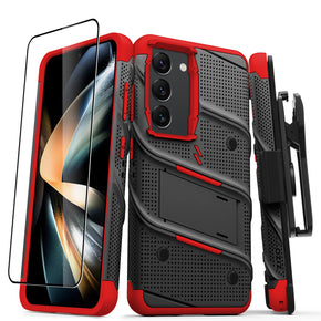 Samsung Galaxy S23 Bolt Series Combo Case (with Kickstand, Holster, and Tempered Glass) - Black / Red