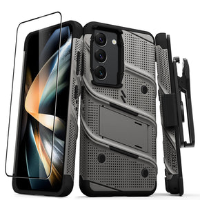 Samsung Galaxy S23 Bolt Series Combo Case (with Kickstand, Holster, and Tempered Glass) - Grey / Black