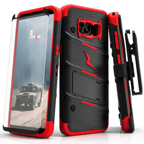Samsung Galaxy S8 BOLT Cover w/ Kickstand, Holster, Tempered Glass Screen Protector & Lanyard - Black/Red