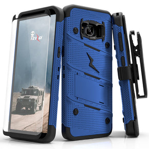 Samsung Galaxy S8 BOLT Cover w/ Kickstand, Holster, Tempered Glass Screen Protector & Lanyard - Blue/Black