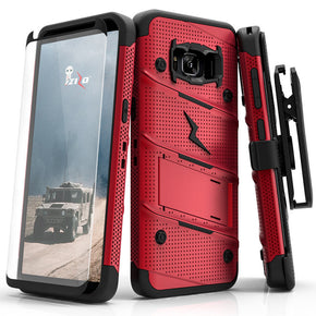 Samsung Galaxy S8 BOLT Cover w/ Kickstand, Holster, Tempered Glass Screen Protector & Lanyard - Red/Black
