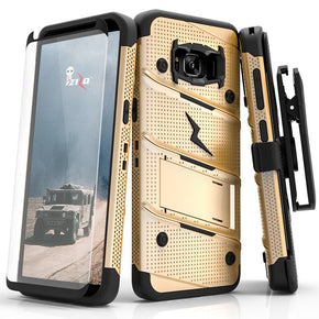 Samsung Galaxy S8 Plus BOLT Cover w/ Kickstand, Holster, Tempered Glass Screen Protector & Lanyard - Gold/Black